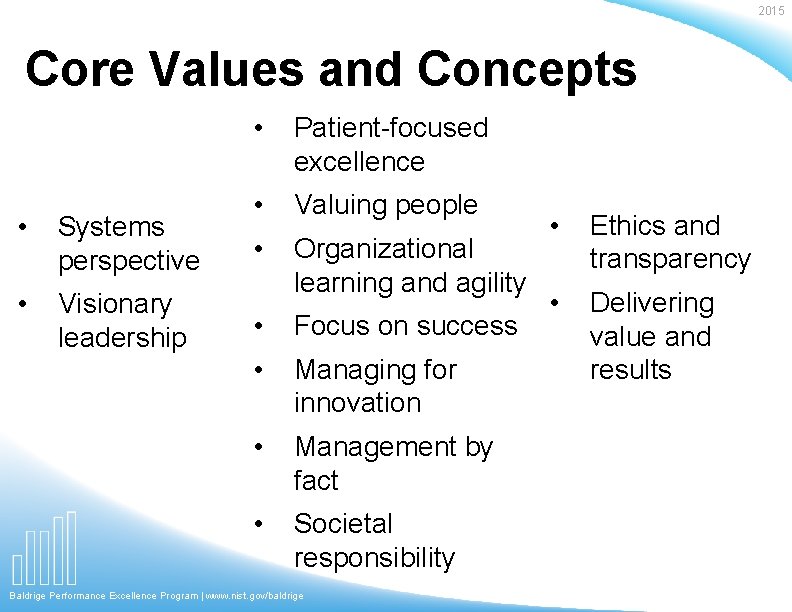 2015 Core Values and Concepts • Systems perspective • Visionary leadership • Patient-focused excellence