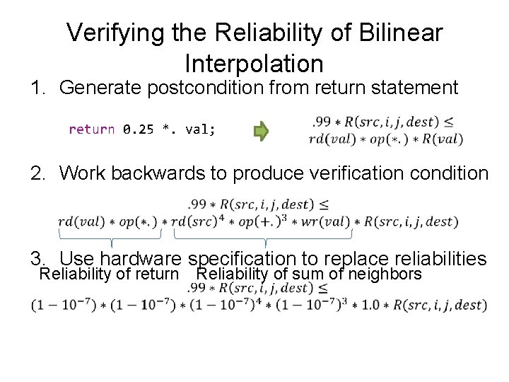 Verifying the Reliability of Bilinear Interpolation 1. Generate postcondition from return statement return 0.