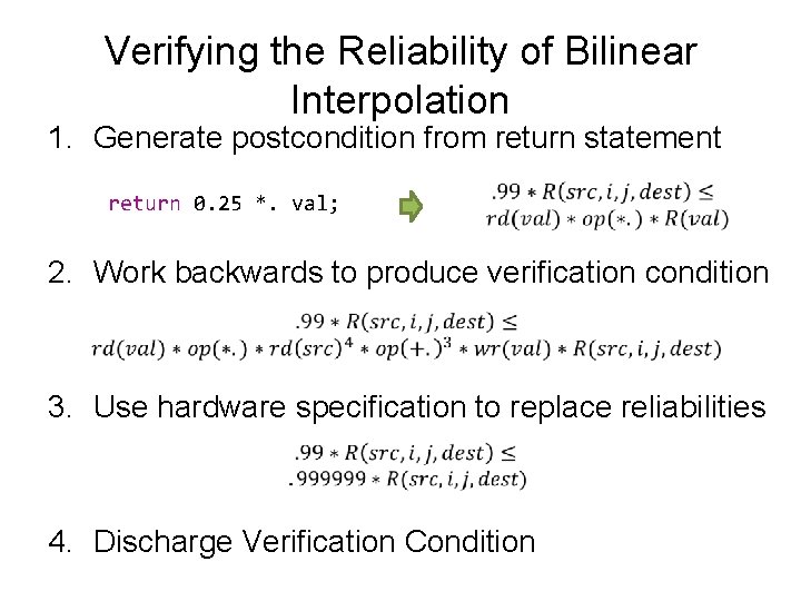 Verifying the Reliability of Bilinear Interpolation 1. Generate postcondition from return statement return 0.