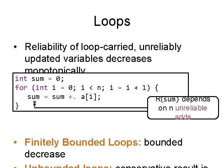 Loops • Reliability of loop-carried, unreliably updated variables decreases monotonically int sum = 0;