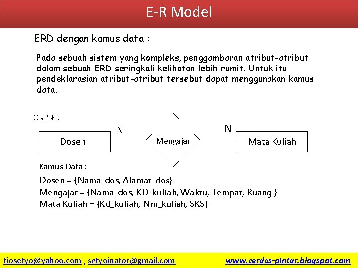 E-R Model ERD dengan kamus data : Pada sebuah sistem yang kompleks, penggambaran atribut-atribut