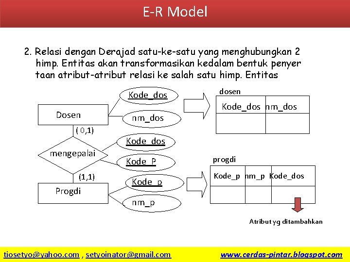 E-R Model 2. Relasi dengan Derajad satu-ke-satu yang menghubungkan 2 himp. Entitas akan transformasikan