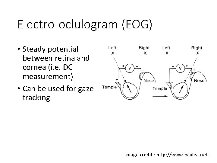 Electro-oclulogram (EOG) • Steady potential between retina and cornea (i. e. DC measurement) •
