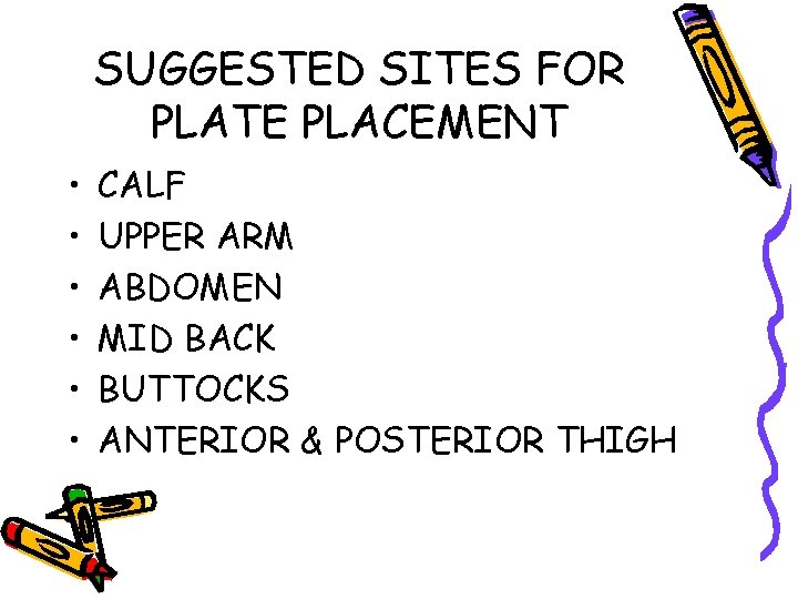 SUGGESTED SITES FOR PLATE PLACEMENT • • • CALF UPPER ARM ABDOMEN MID BACK