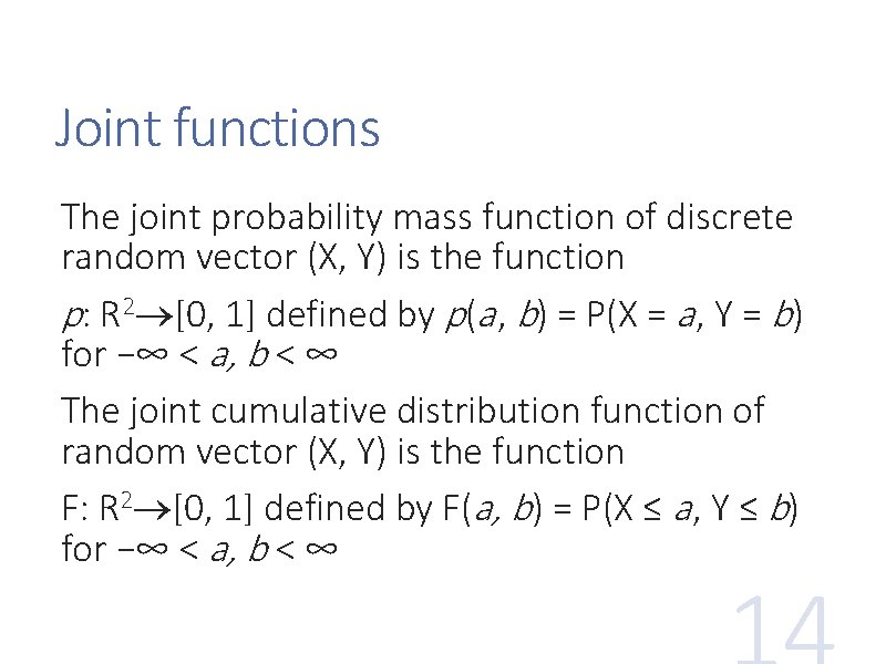 Joint functions The joint probability mass function of discrete random vector (X, Y) is