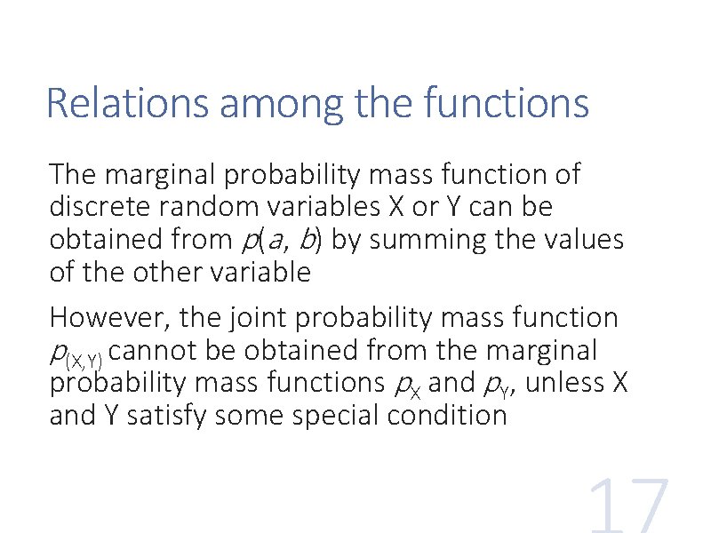 Relations among the functions The marginal probability mass function of discrete random variables X