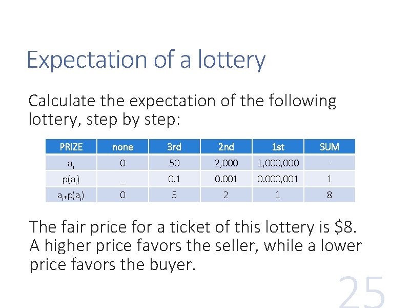 Expectation of a lottery Calculate the expectation of the following lottery, step by step:
