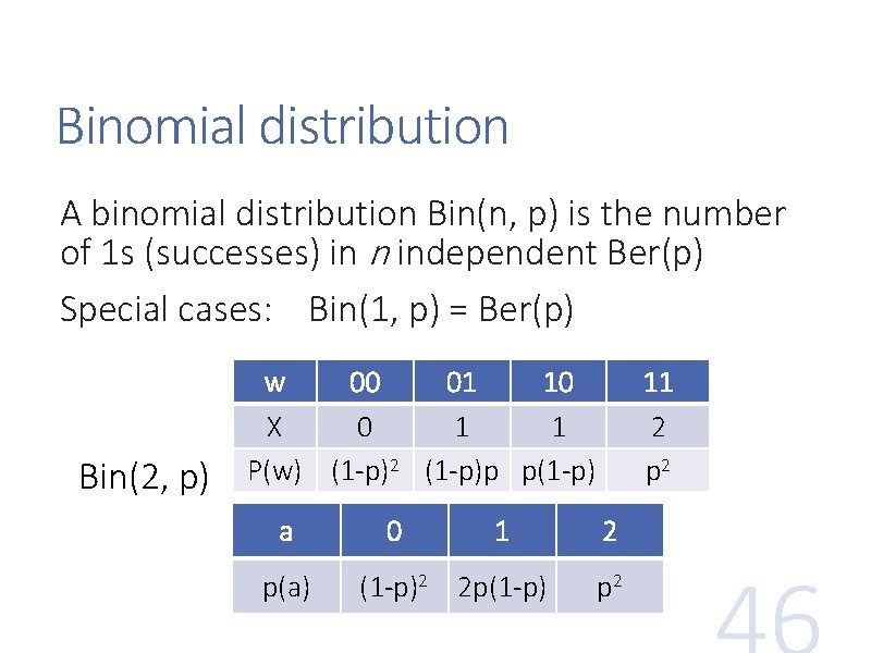 Binomial distribution A binomial distribution Bin(n, p) is the number of 1 s (successes)