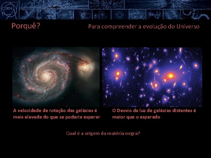 Porquê? Para compreender a evolução do Universo A velocidade de rotação das galáxias é