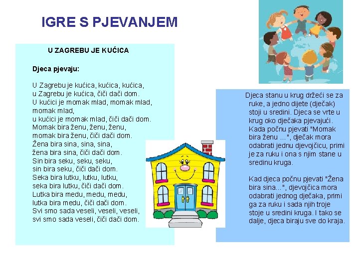 IGRE S PJEVANJEM U ZAGREBU JE KUĆICA Djeca pjevaju: U Zagrebu je kućica, u
