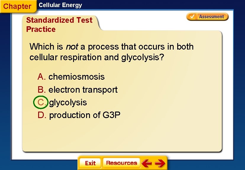 Chapter Cellular Energy Standardized Test Practice Which is not a process that occurs in