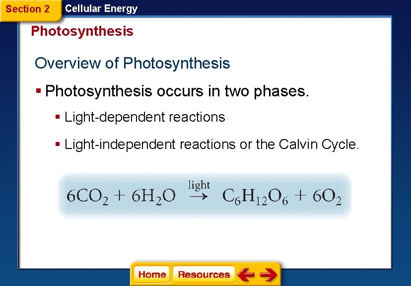 Section 2 Cellular Energy Photosynthesis Overview of Photosynthesis § Photosynthesis occurs in two phases.