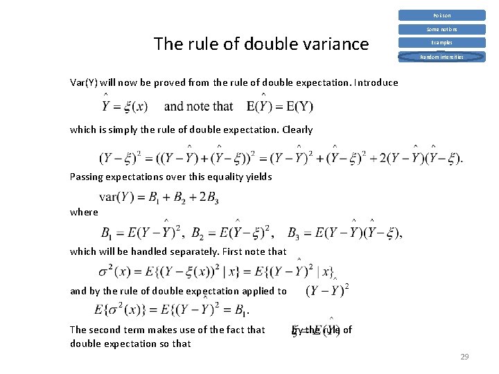 Poisson The rule of double variance Some notions Examples Random intensities Var(Y) will now
