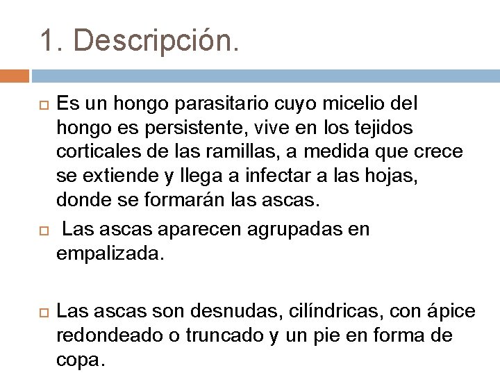 1. Descripción. Es un hongo parasitario cuyo micelio del hongo es persistente, vive en