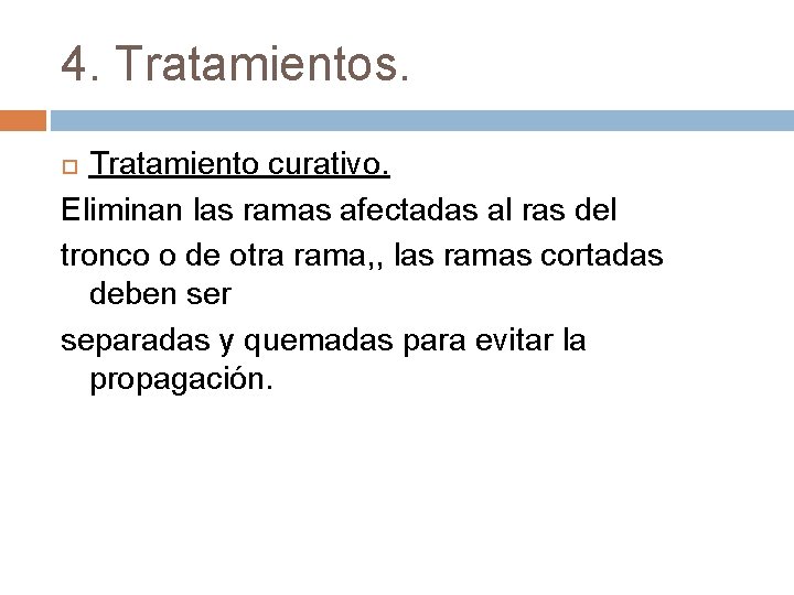 4. Tratamientos. Tratamiento curativo. Eliminan las ramas afectadas al ras del tronco o de