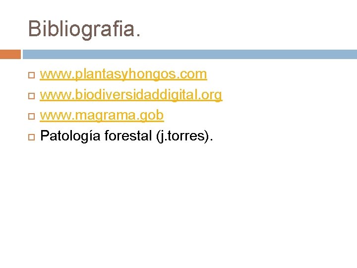 Bibliografia. www. plantasyhongos. com www. biodiversidaddigital. org www. magrama. gob Patología forestal (j. torres).