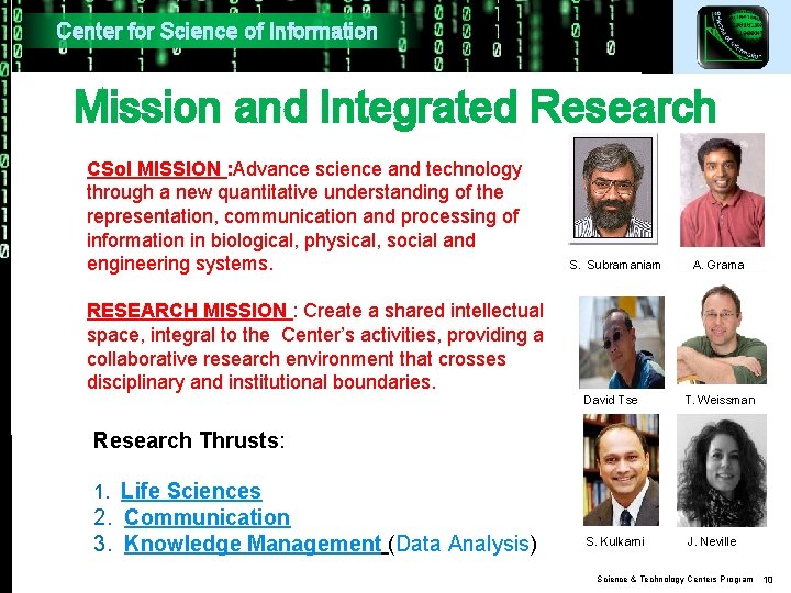 Center for Science of Information Mission and Integrated Research CSo. I MISSION : Advance