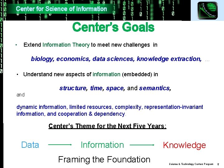 Center for Science of Information Center’s Goals • Extend Information Theory to meet new