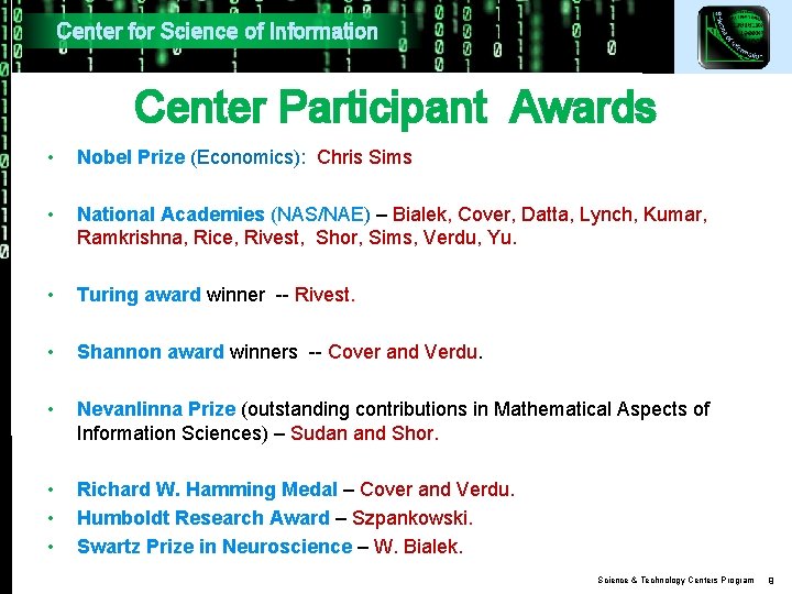 Center for Science of Information Center Participant Awards • Nobel Prize (Economics): Chris Sims