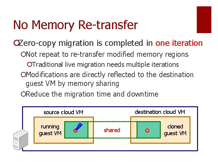 No Memory Re-transfer ¡Zero-copy migration is completed in one iteration ¡Not repeat to re-transfer