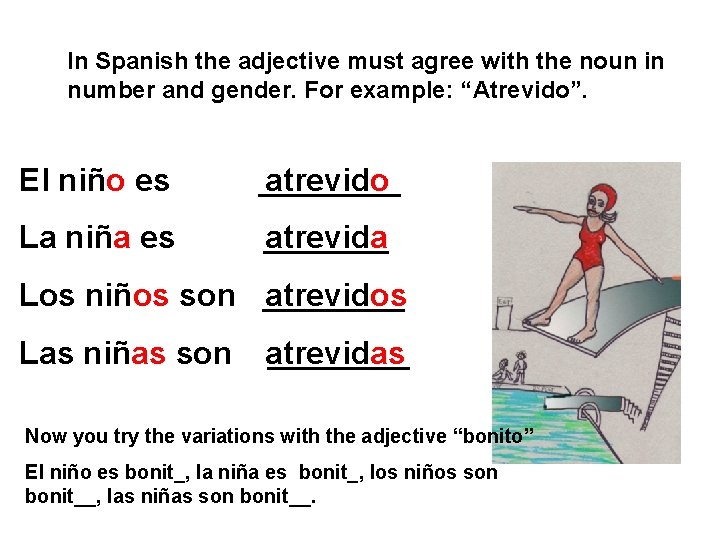 In Spanish the adjective must agree with the noun in number and gender. For