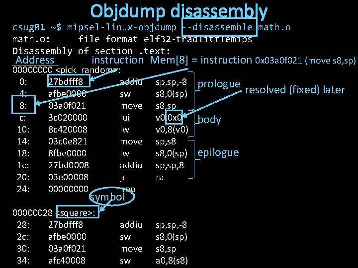 Objdump disassembly csug 01 ~$ mipsel-linux-objdump --disassemble math. o: file format elf 32 -tradlittlemips