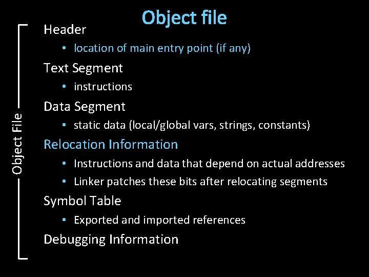 Header Object file • location of main entry point (if any) Text Segment Object