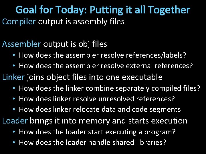 Goal for Today: Putting it all Together Compiler output is assembly files Assembler output