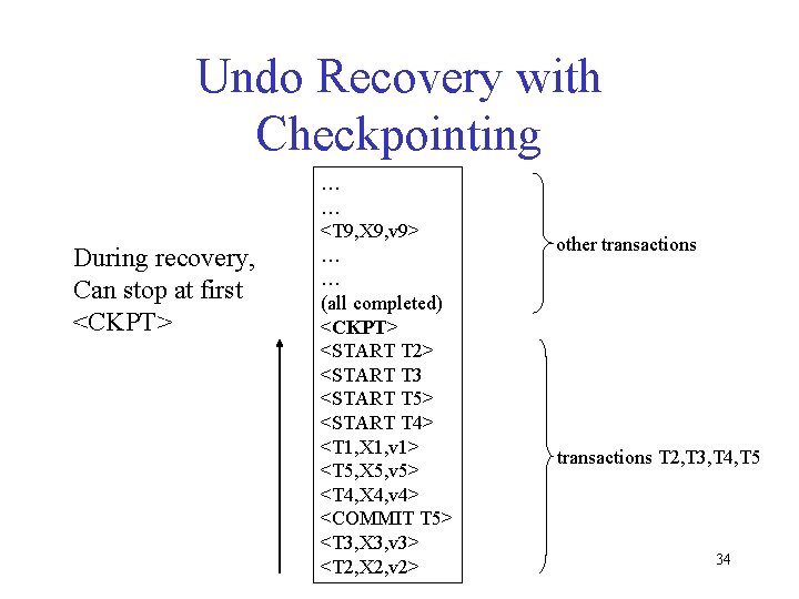 Undo Recovery with Checkpointing During recovery, Can stop at first <CKPT> … … <T
