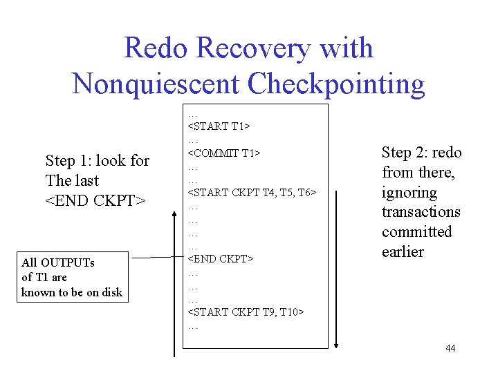 Redo Recovery with Nonquiescent Checkpointing Step 1: look for The last <END CKPT> All