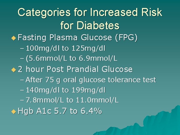 Categories for Increased Risk for Diabetes u Fasting Plasma Glucose (FPG) – 100 mg/dl