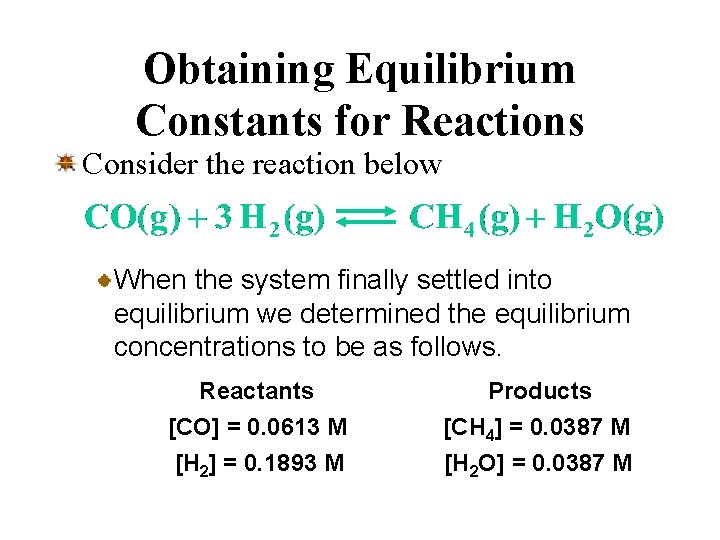 Obtaining Equilibrium Constants for Reactions Consider the reaction below When the system finally settled