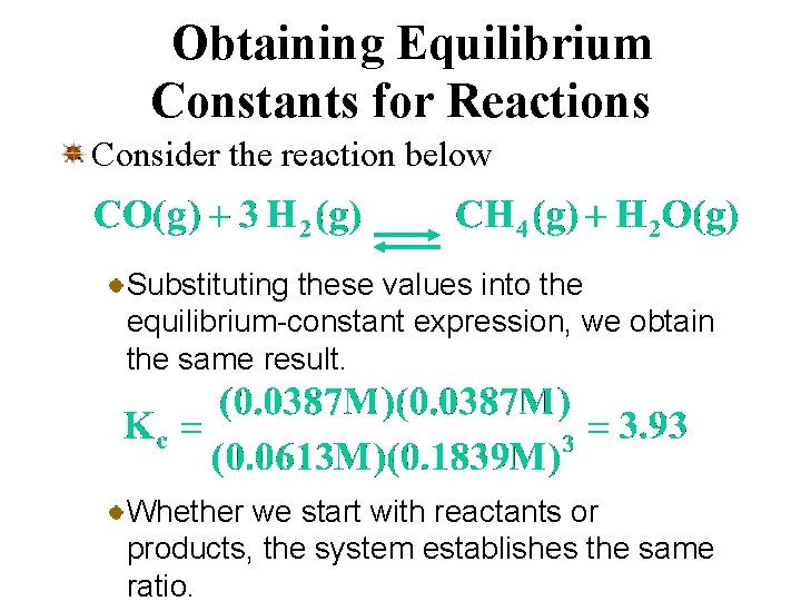 Obtaining Equilibrium Constants for Reactions Consider the reaction below Substituting these values into the