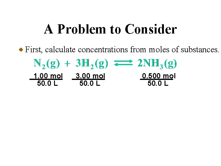 A Problem to Consider First, calculate concentrations from moles of substances. 1. 00 mol
