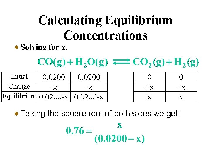 Calculating Equilibrium Concentrations Solving for x. Initial 0. 0200 Change -x -x Equilibrium 0.