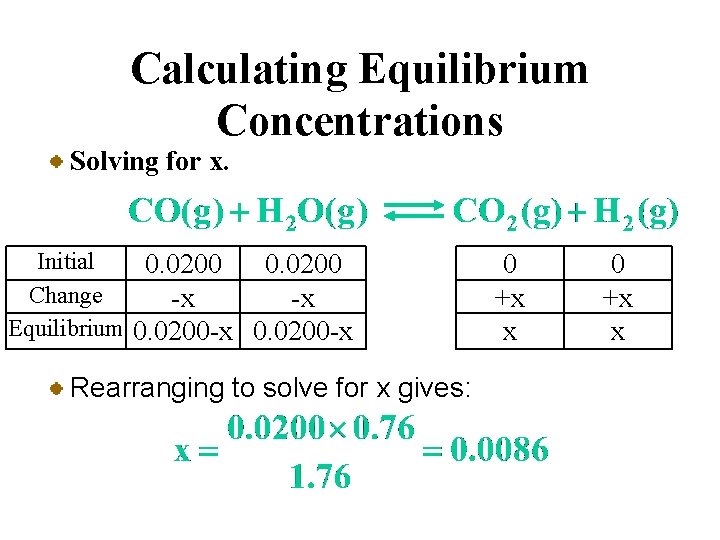 Calculating Equilibrium Concentrations Solving for x. Initial 0. 0200 Change -x -x Equilibrium 0.