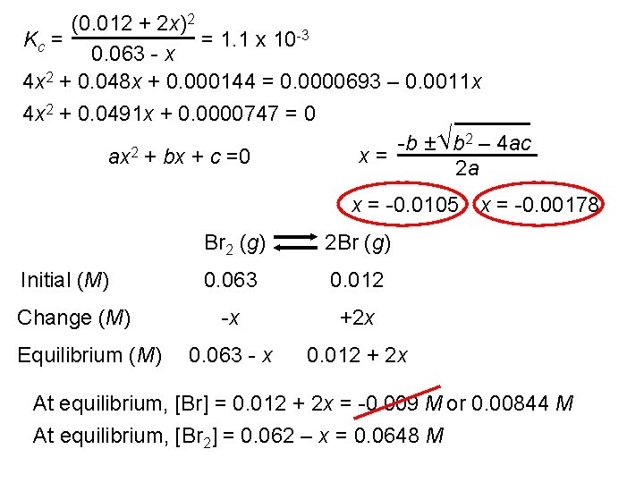 (0. 012 + 2 x)2 = 1. 1 x 10 -3 Kc = 0.