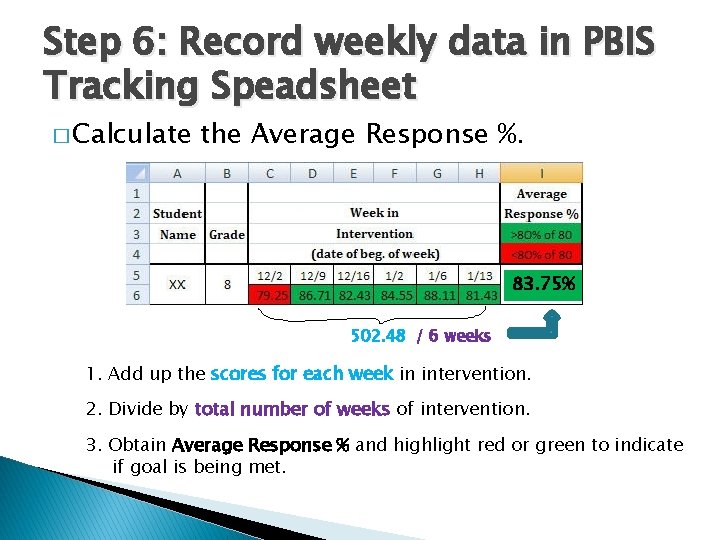 Step 6: Record weekly data in PBIS Tracking Speadsheet � Calculate the Average Response