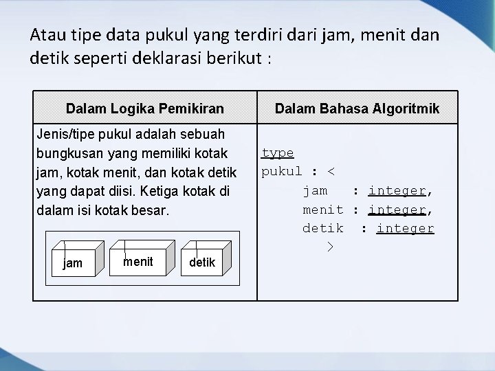 Atau tipe data pukul yang terdiri dari jam, menit dan detik seperti deklarasi berikut