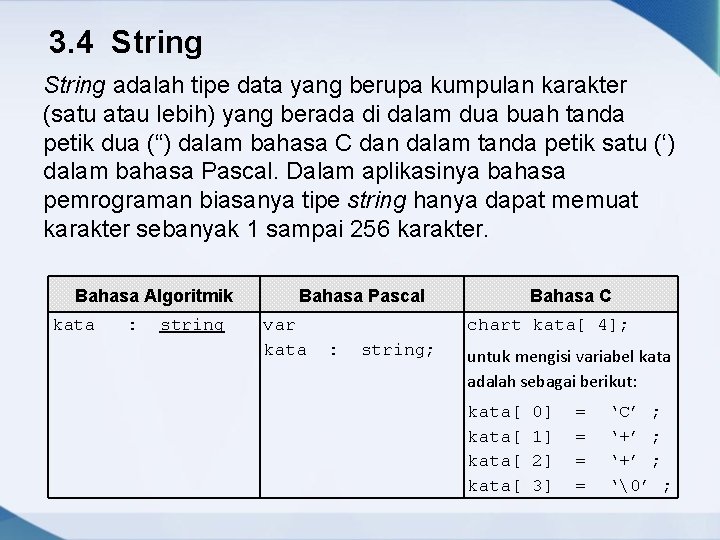 3. 4 String adalah tipe data yang berupa kumpulan karakter (satu atau lebih) yang