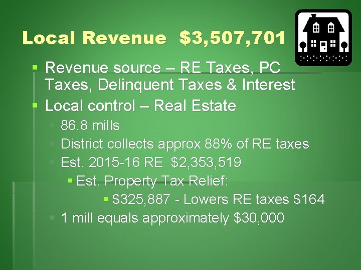 Local Revenue $3, 507, 701 § Revenue source – RE Taxes, PC Taxes, Delinquent