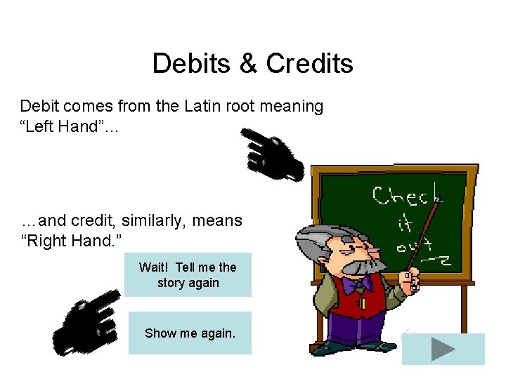 Debits & Credits Debit comes from the Latin root meaning “Left Hand”… …and credit,