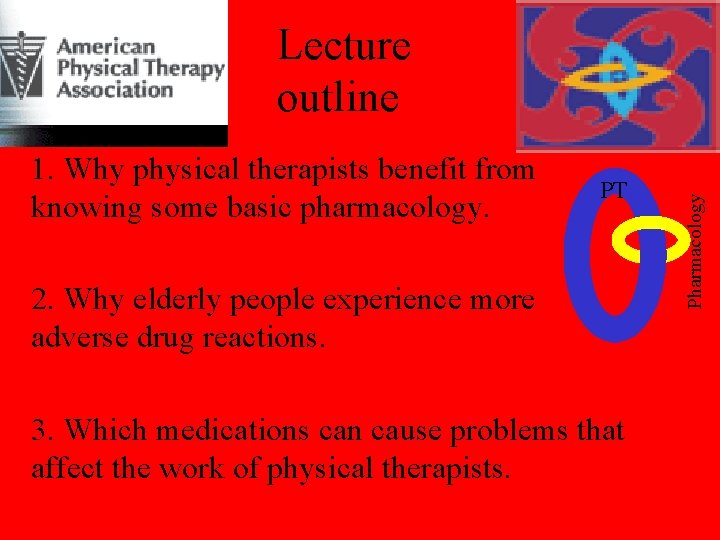 1. Why physical therapists benefit from knowing some basic pharmacology. PT 2. Why elderly