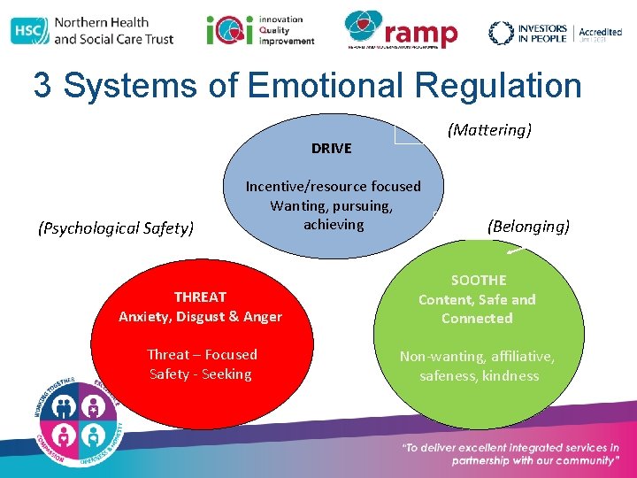3 Systems of Emotional Regulation (Mattering) DRIVE (Psychological Safety) Incentive/resource focused Wanting, pursuing, achieving