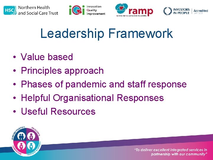 Leadership Framework • • • Value based Principles approach Phases of pandemic and staff