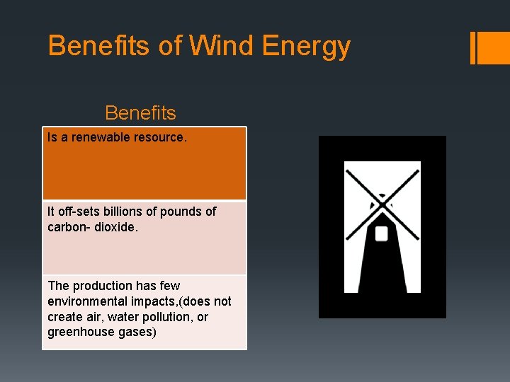 Benefits of Wind Energy Benefits Is a renewable resource. It off-sets billions of pounds
