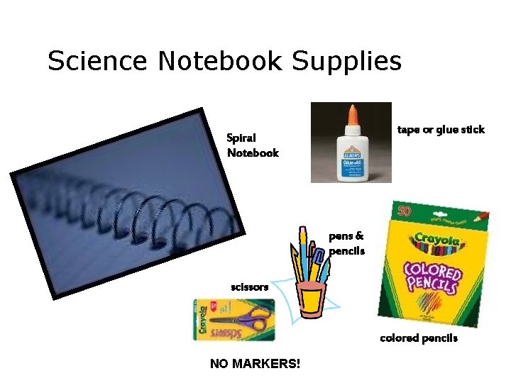 Science Notebook Supplies tape or glue stick Spiral Notebook pens & pencils scissors colored