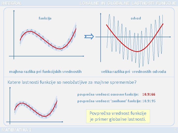 INTEGRAL LOKALNE IN GLOBALNE LASTNOSTI FUNKCIJE funkcija odvod majhna razlika pri funkcijskih vrednostih velika