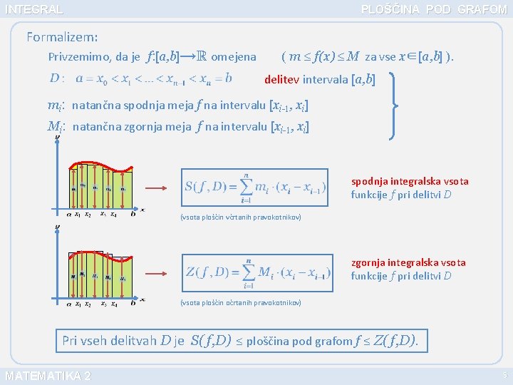 INTEGRAL PLOŠČINA POD GRAFOM Formalizem: Privzemimo, da je f: [a, b]→ omejena ( m