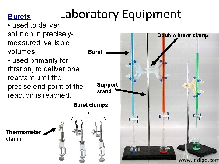 Laboratory Equipment Burets • used to deliver solution in preciselymeasured, variable volumes. • used